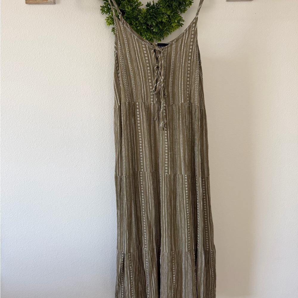 Sleeveless Olive Striped Maxi Dress with Tie Front